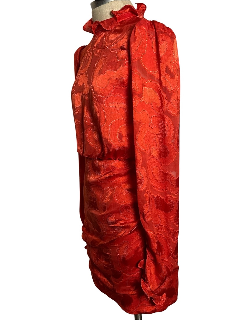 Saloni Rina B Mini Dress Women's Silk Jacquard Ruffle Puff Sleeve Poppy Red 4 - Picture 6 of 14